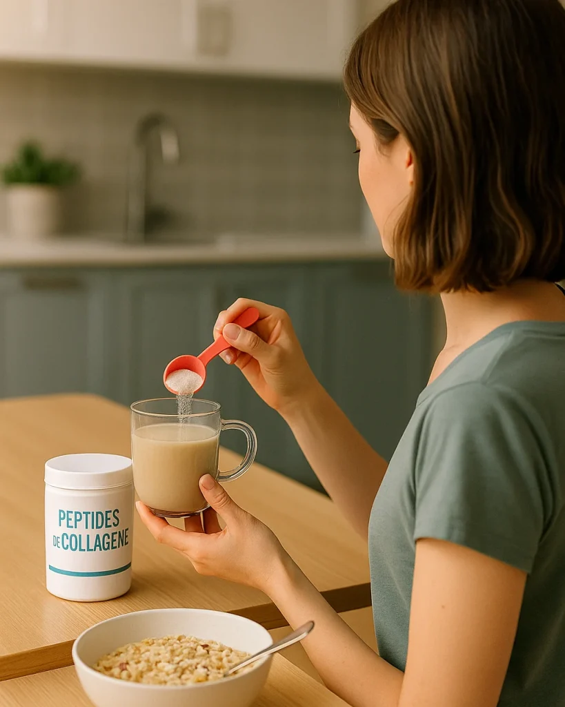 Photo lifestyle d’une personne en cuisine versant des peptides de collagène en poudre dans une boisson.