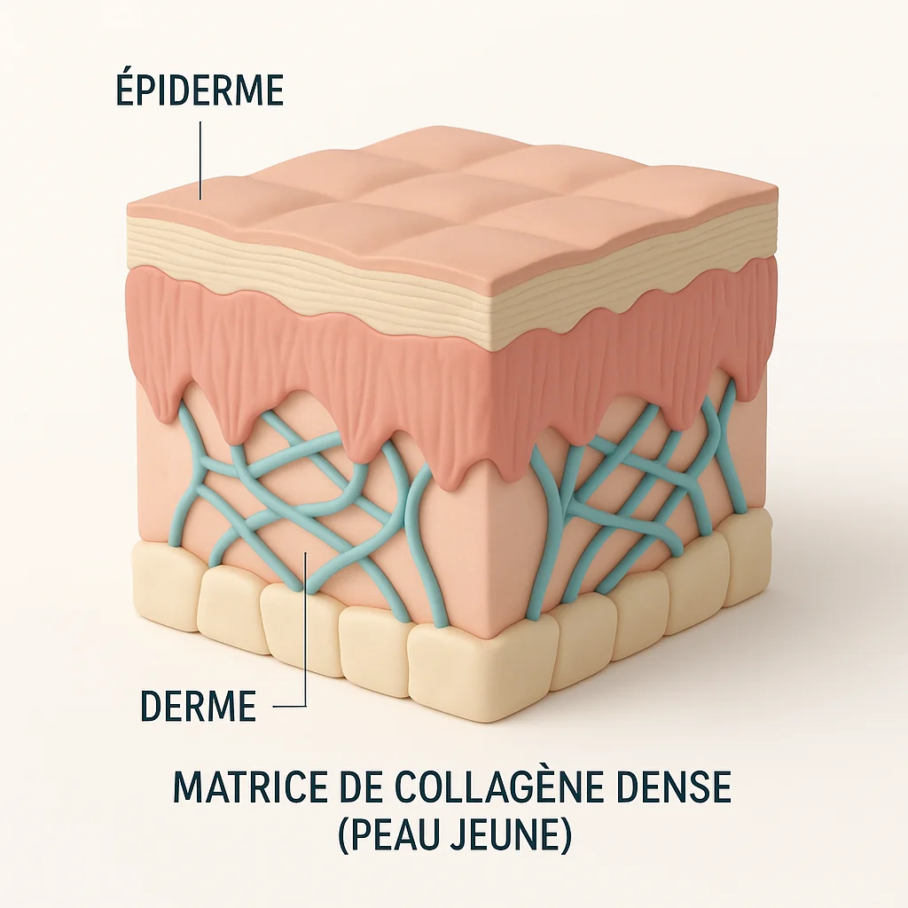 Coupe simplifiée de la peau en 3D montrant l’épiderme et le derme avec une matrice de collagène dense.