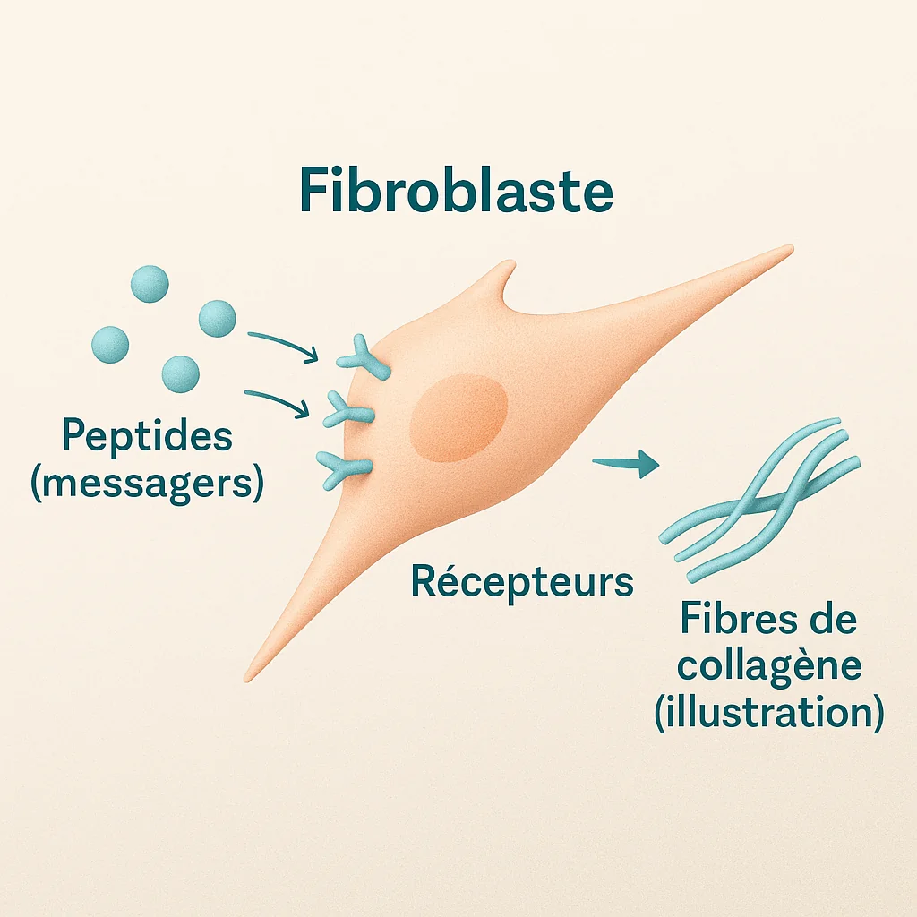 Schéma en français montrant un fibroblaste, des peptides « messagers » se liant à des récepteurs et des fibres de collagène schématisées (illustration conceptuelle).
