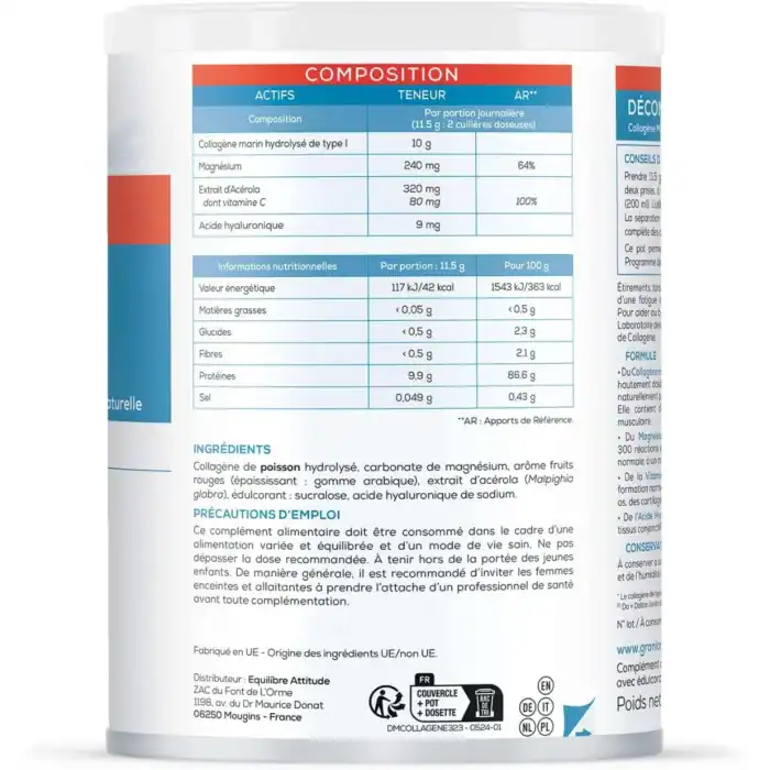Tableau de composition : collagène marin 10 g, magnésium 240 mg, vitamine C 80 mg, acide hyaluronique 9 mg