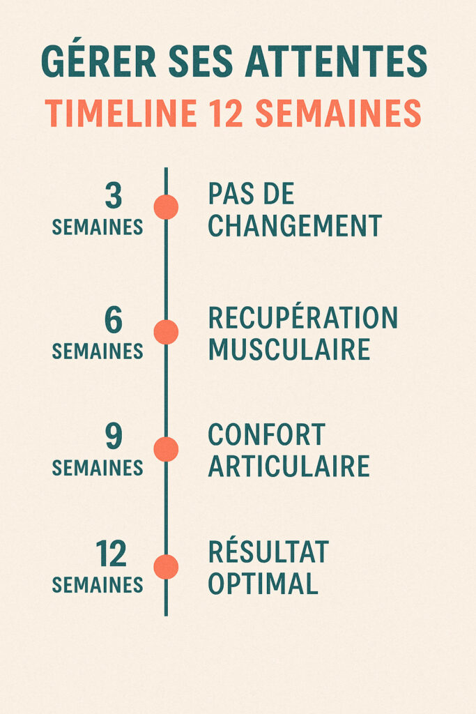 Timeline 12 semaines en français — mise en routine, ressentis progressifs et bilan d’une cure de collagène