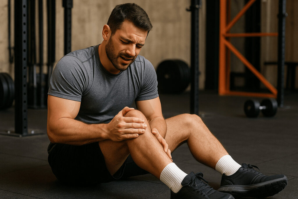 Sportif assis au sol évaluant son genou après une séance en salle — collagène récupération musculaire