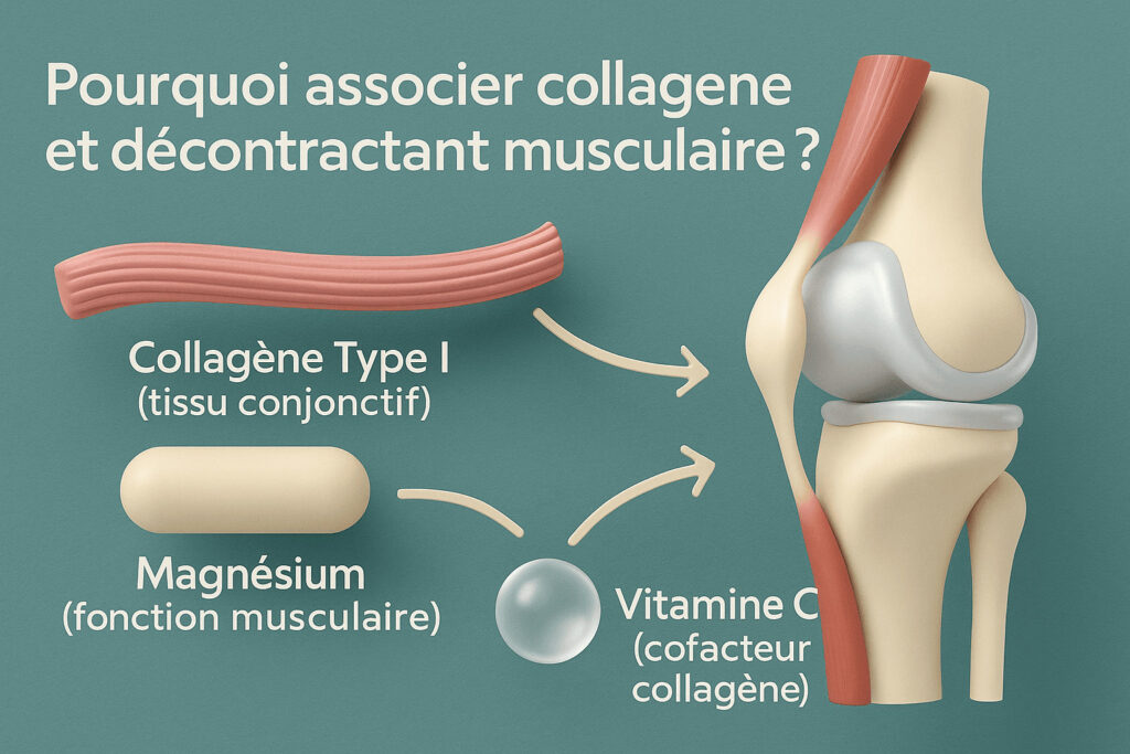 Schéma 3D en français montrant collagène de type I (tissu conjonctif), magnésium (fonction musculaire) et vitamine C (cofacteur du collagène) vers une articulation.