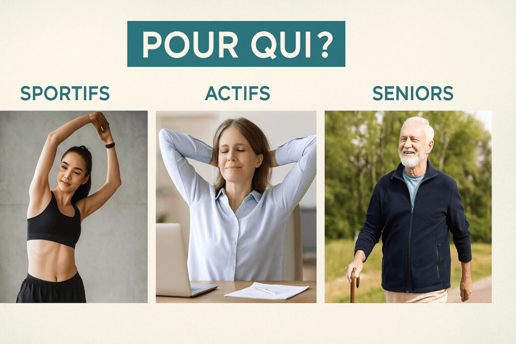 Infographie « Pour qui ? » en trois vignettes : sportif en étirement, personne active devant un bureau, senior en marche douce.