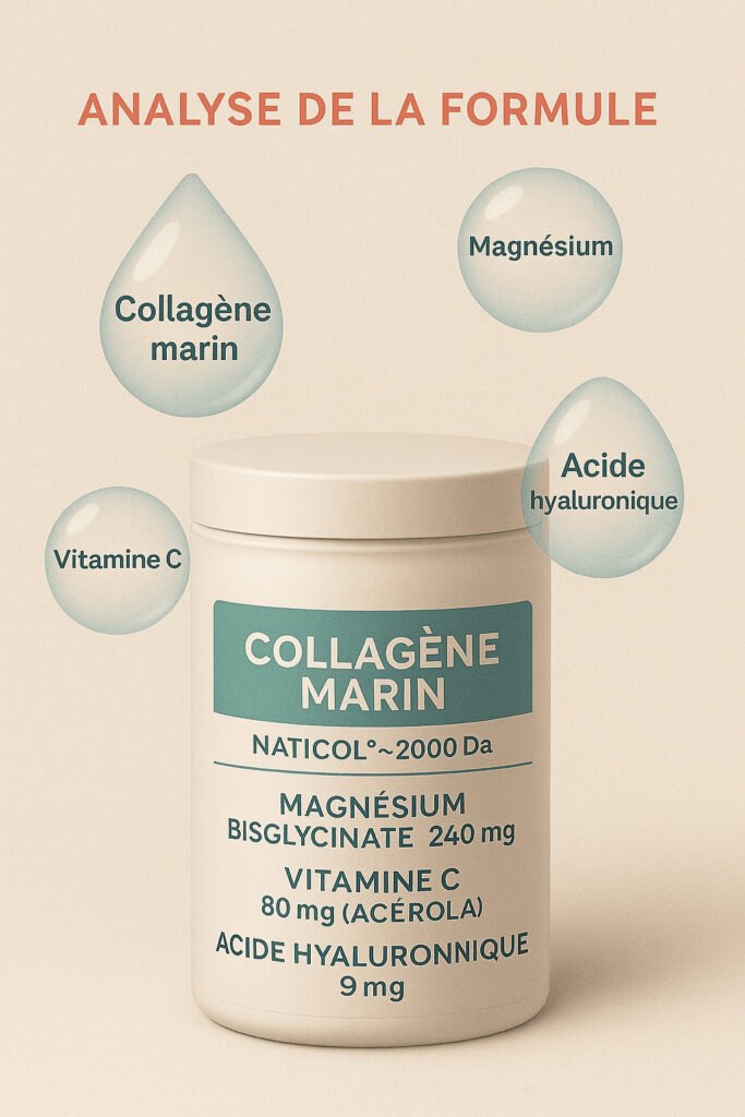 Packshot 3D neutre avec bulles ingrédients : collagène marin Naticol ~2000 Da, magnésium bisglycinate, vitamine C (acérola) et acide hyaluronique