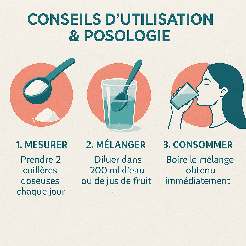 Infographie en 3 étapes : mesurer 2 cuillères doseuses, mélanger dans 200 ml d’eau ou de jus, consommer après mélange.