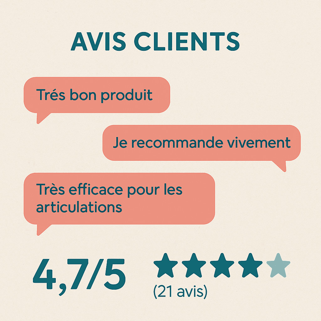 Carte « Avis clients » en français avec trois bulles de témoignages et une note moyenne 4,7/5 (21 avis).
