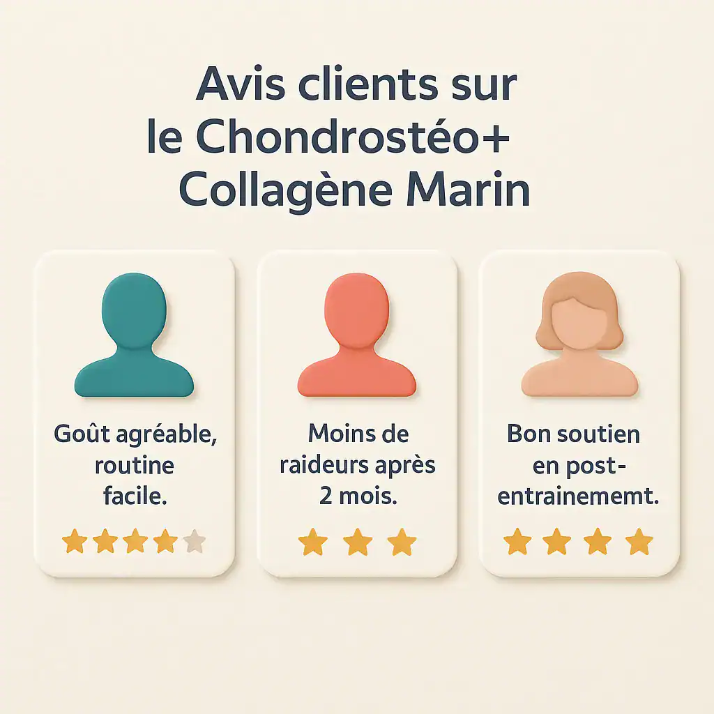 Infographie FR avec vignettes de retours clients sur le Chondrostéo+ Collagène Marin en poudre