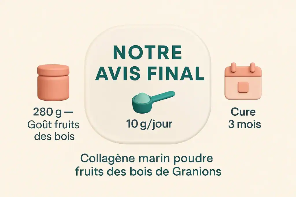 Synthèse visuelle en français rappelant format, dose et cure du collagène marin poudre fruits des bois de Granions