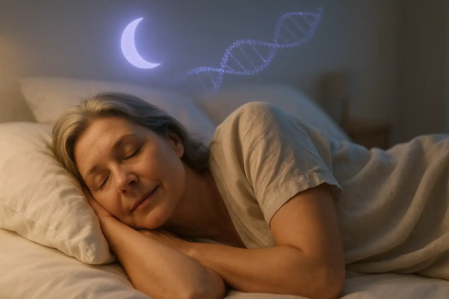 Collagène et sommeil : la glycine pour des nuits sereines 1 Photographie réaliste d'une femme dormant profondément, symbolisant les bienfaits du collagène pour un sommeil réparateur et une meilleure santé.