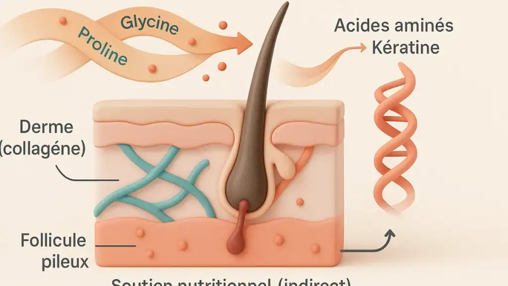 Coupe 3D du cuir chevelu montrant derme riche en collagène, follicule pileux et flux d’acides aminés (proline, glycine, vitamine C) vers la kératine — soutien nutritionnel indirect.