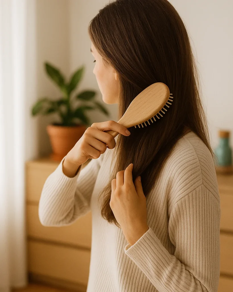 hoto réaliste d’une personne de trois-quarts brossant ses cheveux en lumière naturelle, ambiance bien-être minimaliste.
