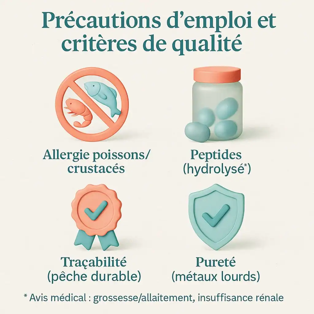 Checklist visuelle : allergie poissons/crustacés, forme hydrolysée (peptides), traçabilité pêche durable, pureté testée (métaux lourds) ; note d’avis médical grossesse/allaitement et insuffisance rénale.