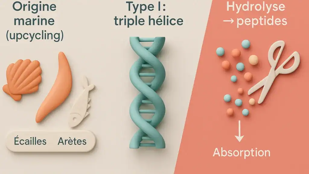 Schéma 3D : origine marine (upcycling), collagène de type I en triple hélice, hydrolyse en peptides pour absorption.