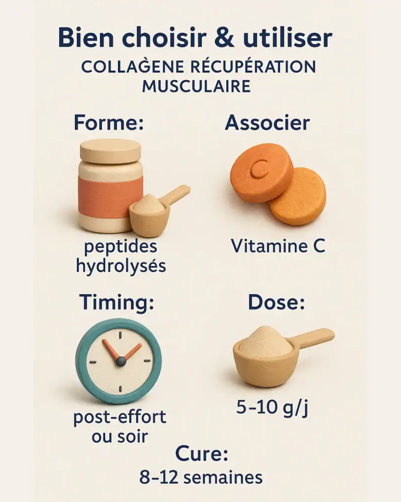 Infographie FR — bien choisir et utiliser le collagène récupération musculaire : peptides hydrolysés, Vitamine C, timing post-effort ou soir, dose 5–10 g/j, cure 8–12 semaines