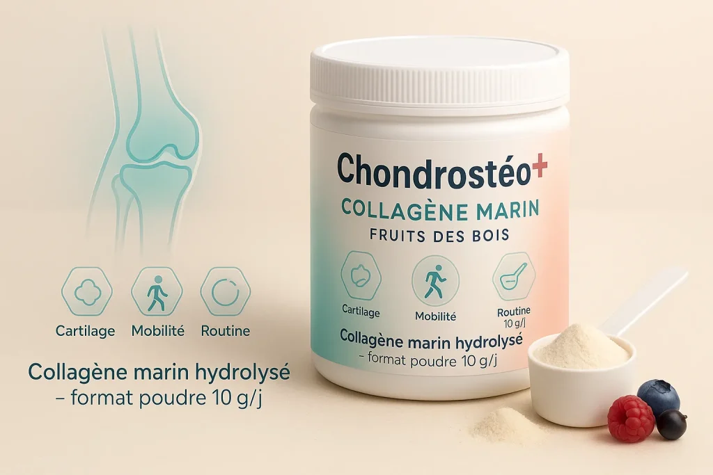Chondrostéo+ collagène marin poudre fruits des bois en visuel scientifique