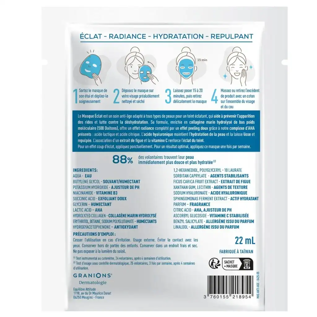 Dos du sachet Granions avec mode d’emploi, ingrédients et précautions du masque anti-âge