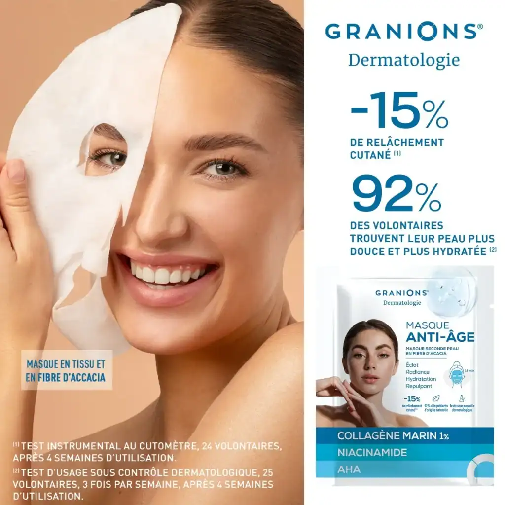 Indicateurs mentionnés par la marque : −15 % de relâchement cutané et 92 % peau plus douce et hydratée après essais