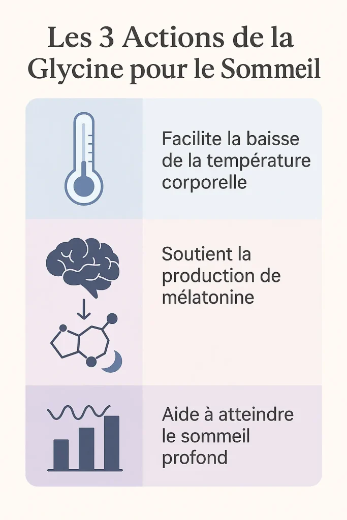 Infographie des 3 mécanismes de la glycine pour le sommeil : thermorégulation, production de mélatonine, et soutien du sommeil profond.