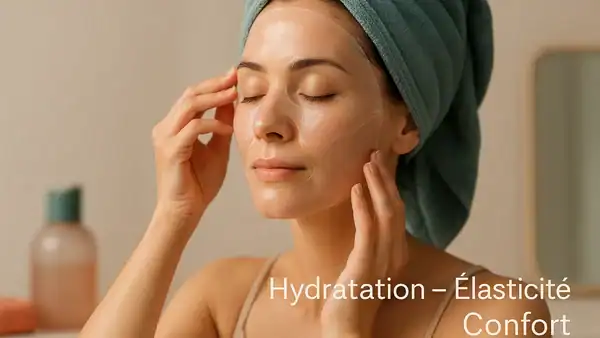 Femme appliquant un masque collagène anti-âge en hydrogel dans une salle de bain lumineuse