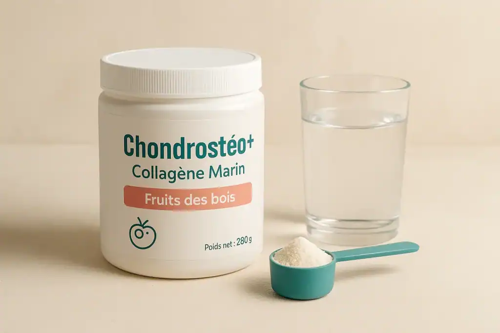 Packshot neutre Chondrostéo+ Collagène Marin poudre avec cuillère doseuse et verre d’eau
