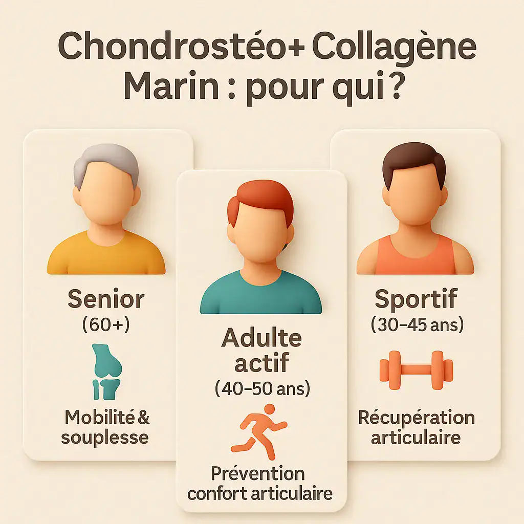 Infographie FR présentant les profils concernés par le collagène marin Chondrostéo+ (seniors, actifs, sportifs)