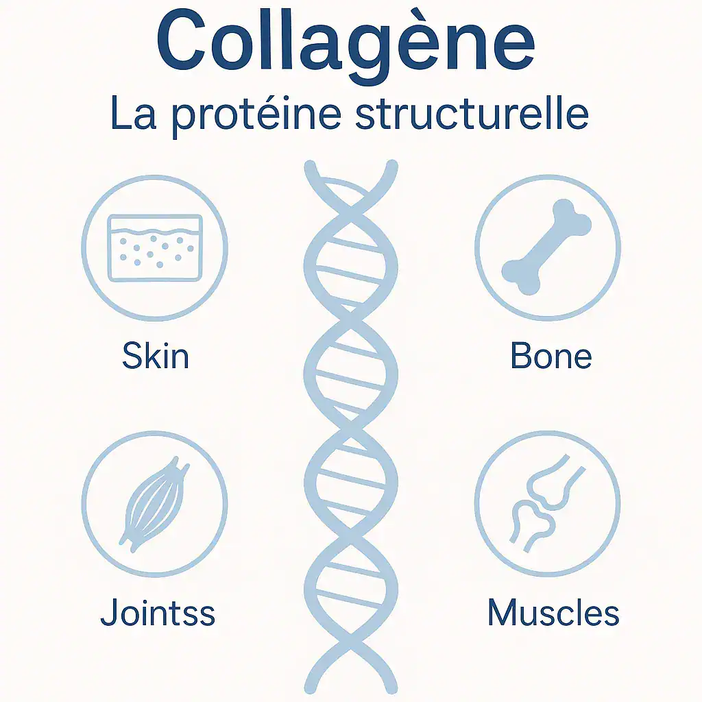 Schéma montrant la structure du collagène et ses rôles dans la peau, les os, les articulations et les muscles