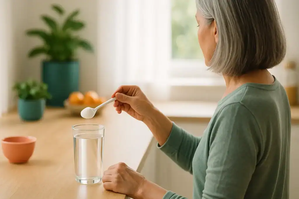 Préparation quotidienne d’un verre d’eau avec collagène marin en poudre