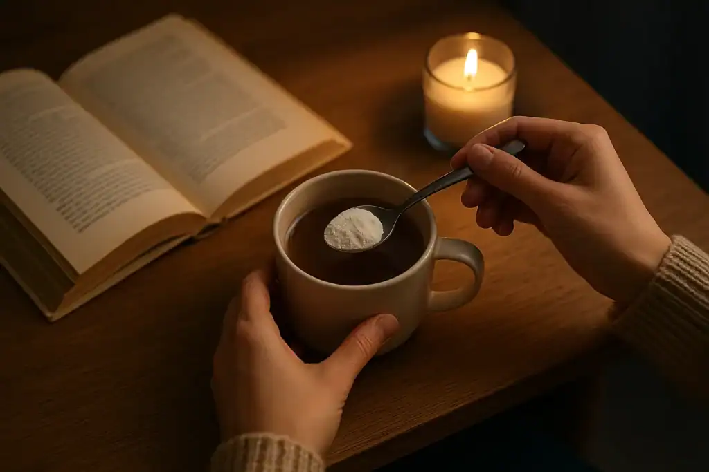 Routine du soir : une personne mélange du collagène en poudre dans une tisane pour préparer une nuit de sommeil paisible.