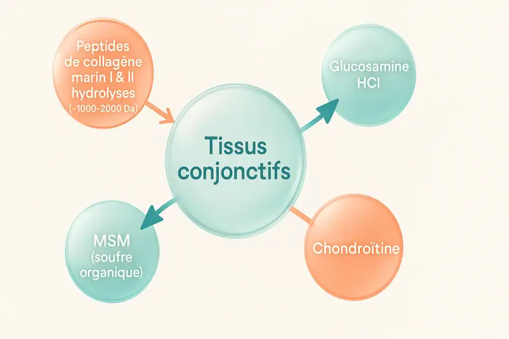 Schéma de la synergie des ingrédients collagène, glucosamine, chondroïtine et MSM