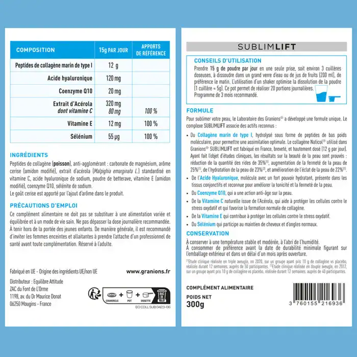 Tableau de composition Collagène+ Beauté Sublimlift : 12 g collagène marin type I, 120 mg acide hyaluronique, 320 mg acérola (vitamine C), 12 mg vitamine E, 55 µg sélénium, 20 mg coenzyme Q10