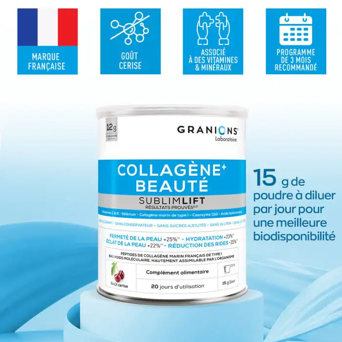 Recommandation d’utilisation Collagène+ Beauté Sublimlift : 15 g de poudre à diluer chaque jour