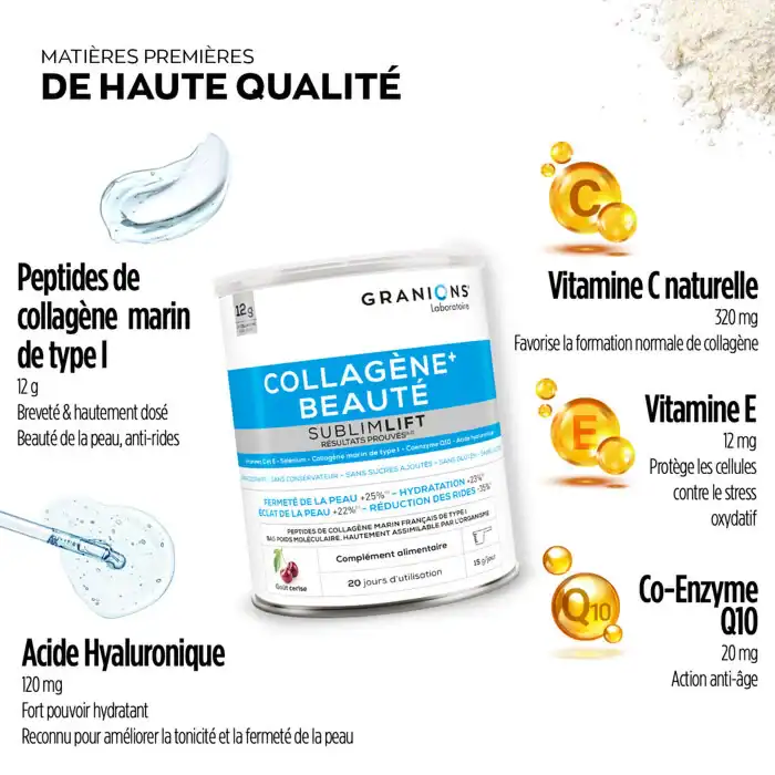 Actifs du Sublimlift Granions : peptides de collagène marin type I 12 g, acide hyaluronique 120 mg, vitamine C, vitamine E, coenzyme Q10, sélénium
