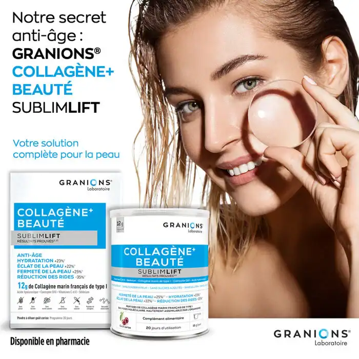 Granions Collagène+ Beauté Sublimlift présenté en duo pack avec modèle féminin