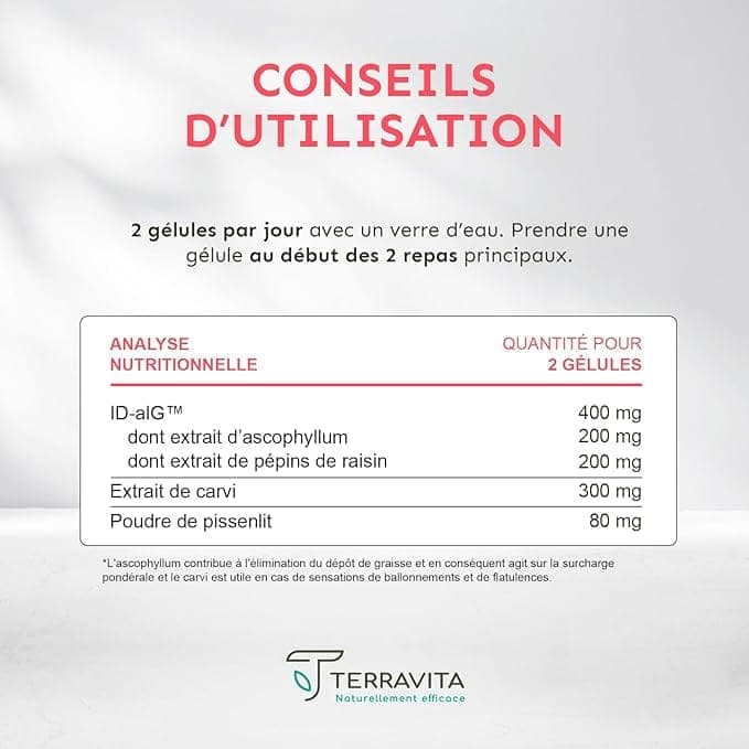 Conseils d’utilisation Terravita Ventre Plat, 2 gélules par jour.