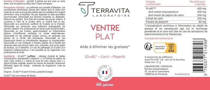 Étiquette Terravita Ventre Plat avec composition et conseils d’utilisation.