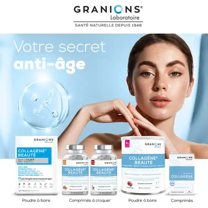Gamme beauté Granions incluant Collagène+ Beauté au format poudre et comprimés