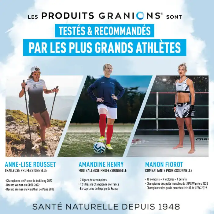 Athlètes français posant avec la mention produits Granions testés et recommandés