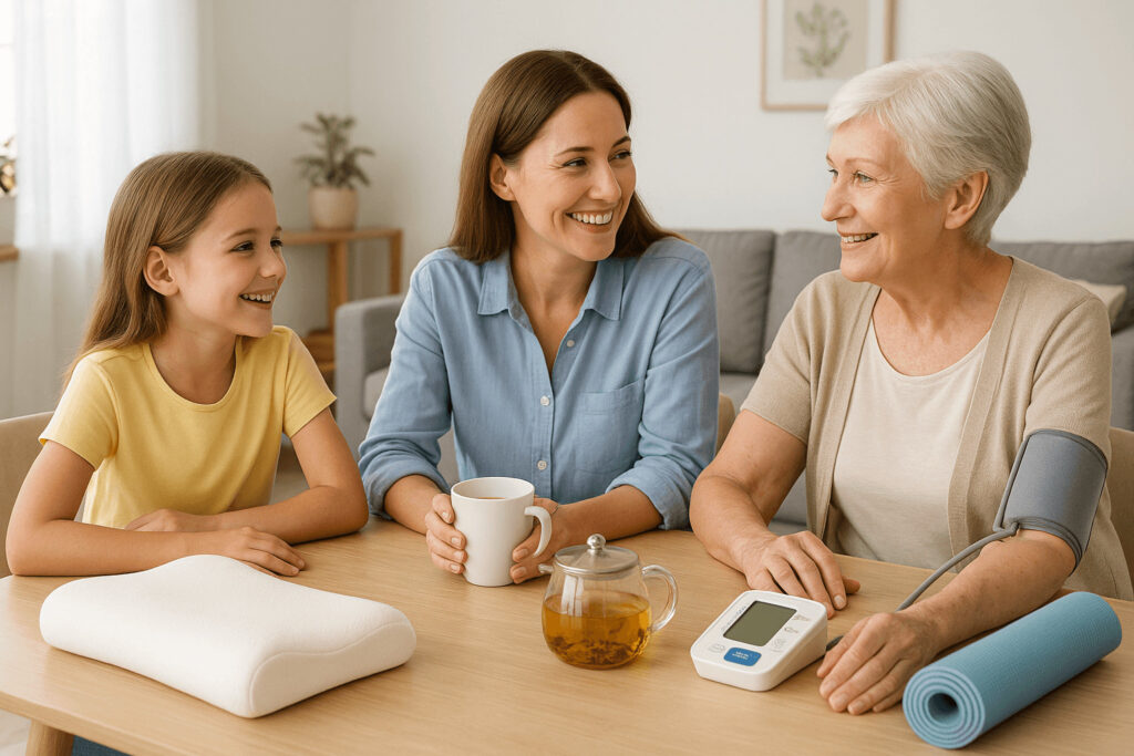 Trois générations réunies autour d’une table avec des accessoires de bien-être, illustrant l’approche préventive et familiale de Celyatis.