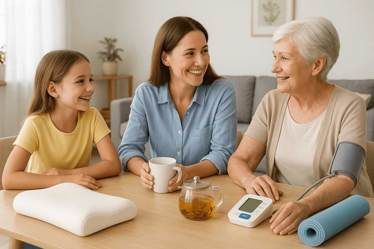 Celyatis : Santé préventive et bien-être familial 1 Trois générations réunies autour d’une table avec des accessoires de bien-être, illustrant l’approche préventive et familiale de Celyatis.