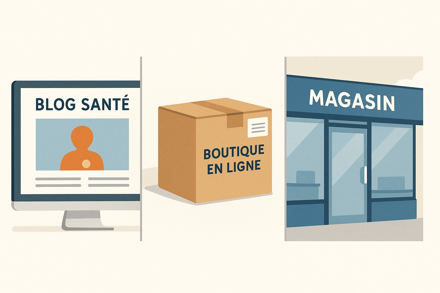 Illustration en trois panneaux montrant un blog santé, un colis e-commerce et une boutique physique pour représenter l’approche omnicanal de Celyatis.