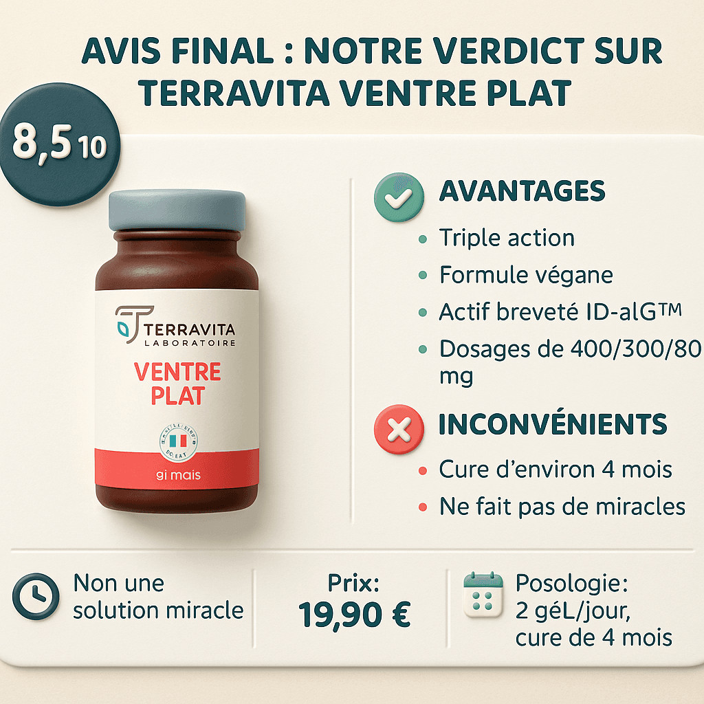 nfographie avis final sur Terravita Ventre Plat présentant la note 8,5/10, les avantages (triple action, formule végane, actif ID-alG™) et les inconvénients (cure longue, non miraculeux).