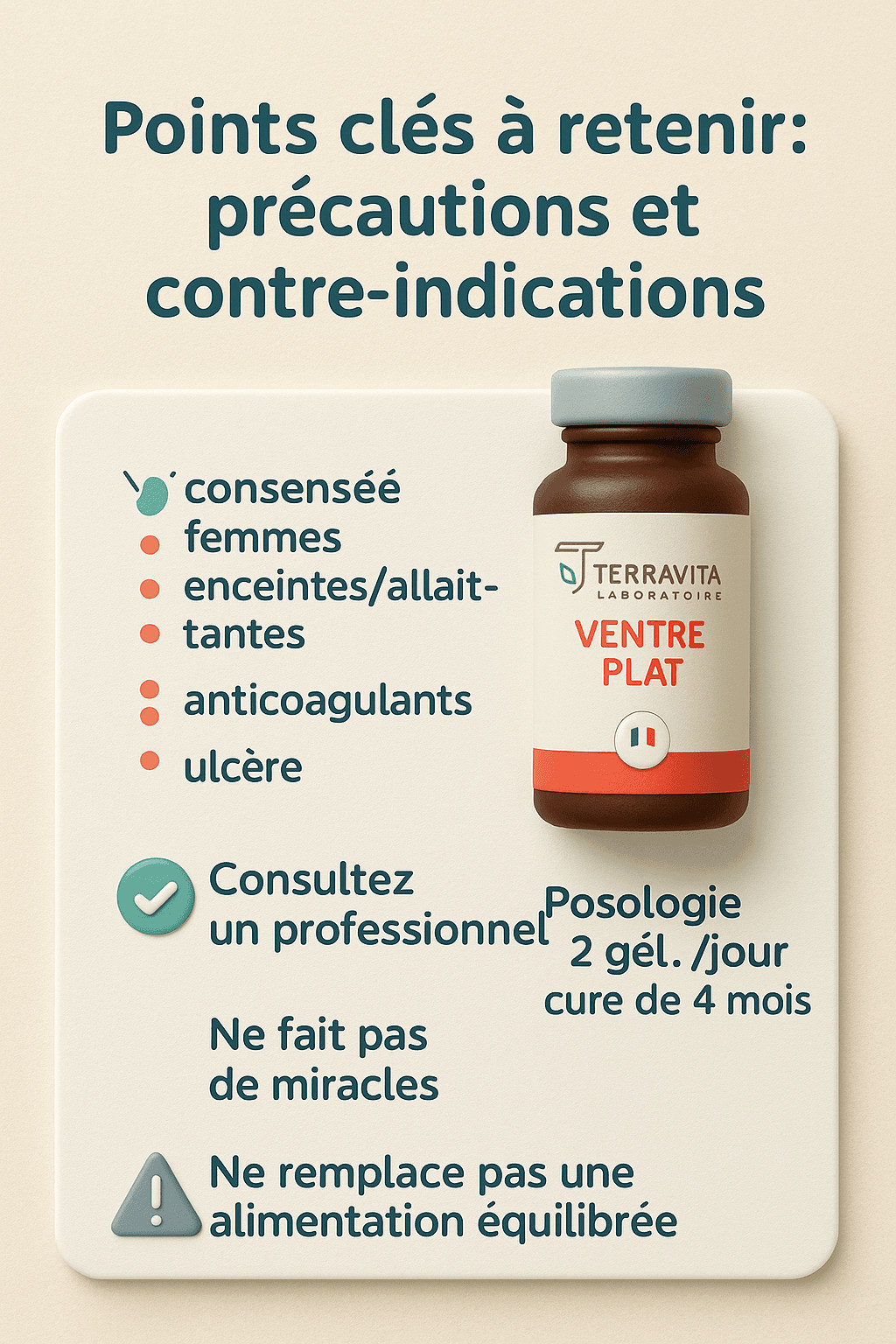 Infographie Terravita Ventre Plat présentant les précautions et contre-indications : femmes enceintes, anticoagulants, ulcère, posologie et recommandations médicales.