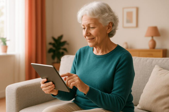 Femme senior utilisant une tablette dans un salon lumineux, illustrant l’accompagnement numérique proposé par Philomène Seniors.