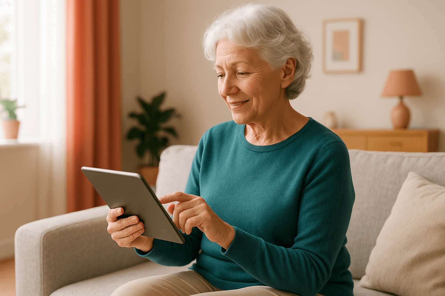 Philomène Seniors : vers une retraite épanouissante 1 Femme senior utilisant une tablette dans un salon lumineux, illustrant l’accompagnement numérique proposé par Philomène Seniors.