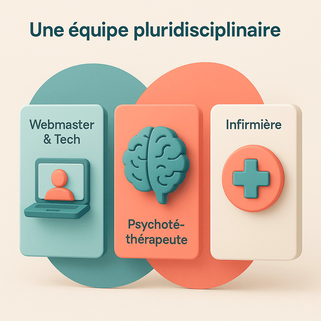 Infographie 3D présentant l’équipe pluridisciplinaire de Philomène Seniors : webmaster, psychothérapeute et infirmière.