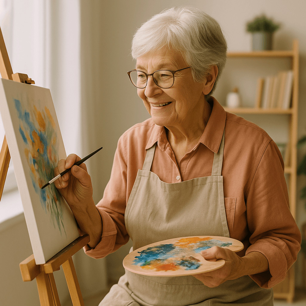 Femme senior peignant dans un atelier lumineux, illustrant les activités créatives proposées par Philomène Seniors.