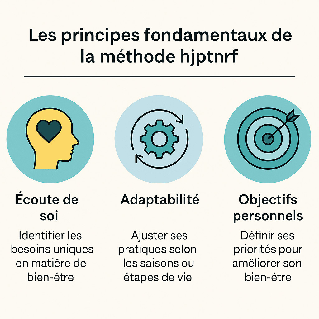 Schéma illustrant les trois principes fondamentaux de la méthode hjptnrf : personnalisation, polyvalence et intégration fluide.