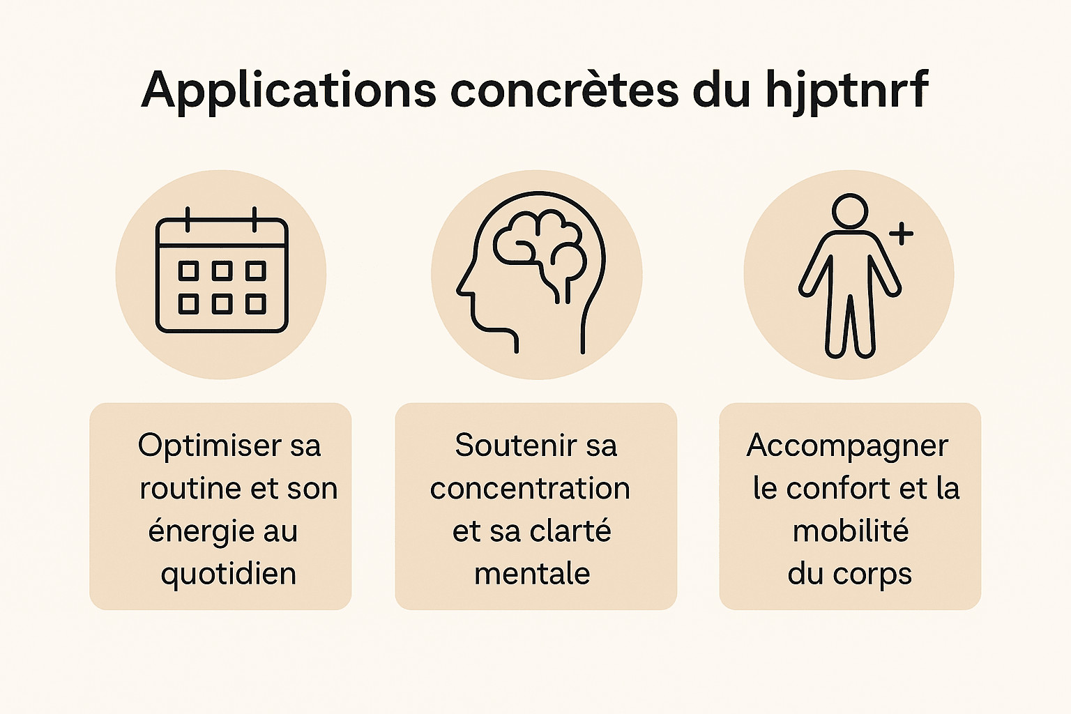 Infographie présentant les trois applications concrètes de la méthode hjptnrf : routine, concentration et mobilité du corps.