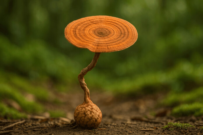 Champignon Lignosus rhinocerus, dit lait de tigre, photographié dans son habitat naturel sur sol forestier avec lumière douce